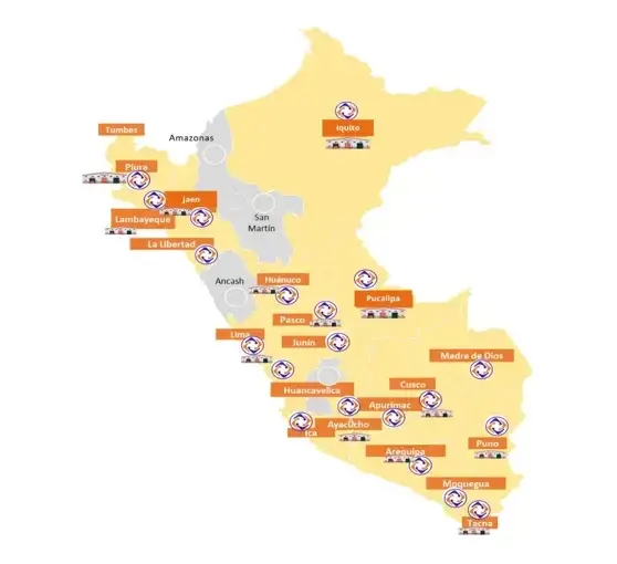 Mapa del Perú con las sedes de Huayraz en las 24 regiones